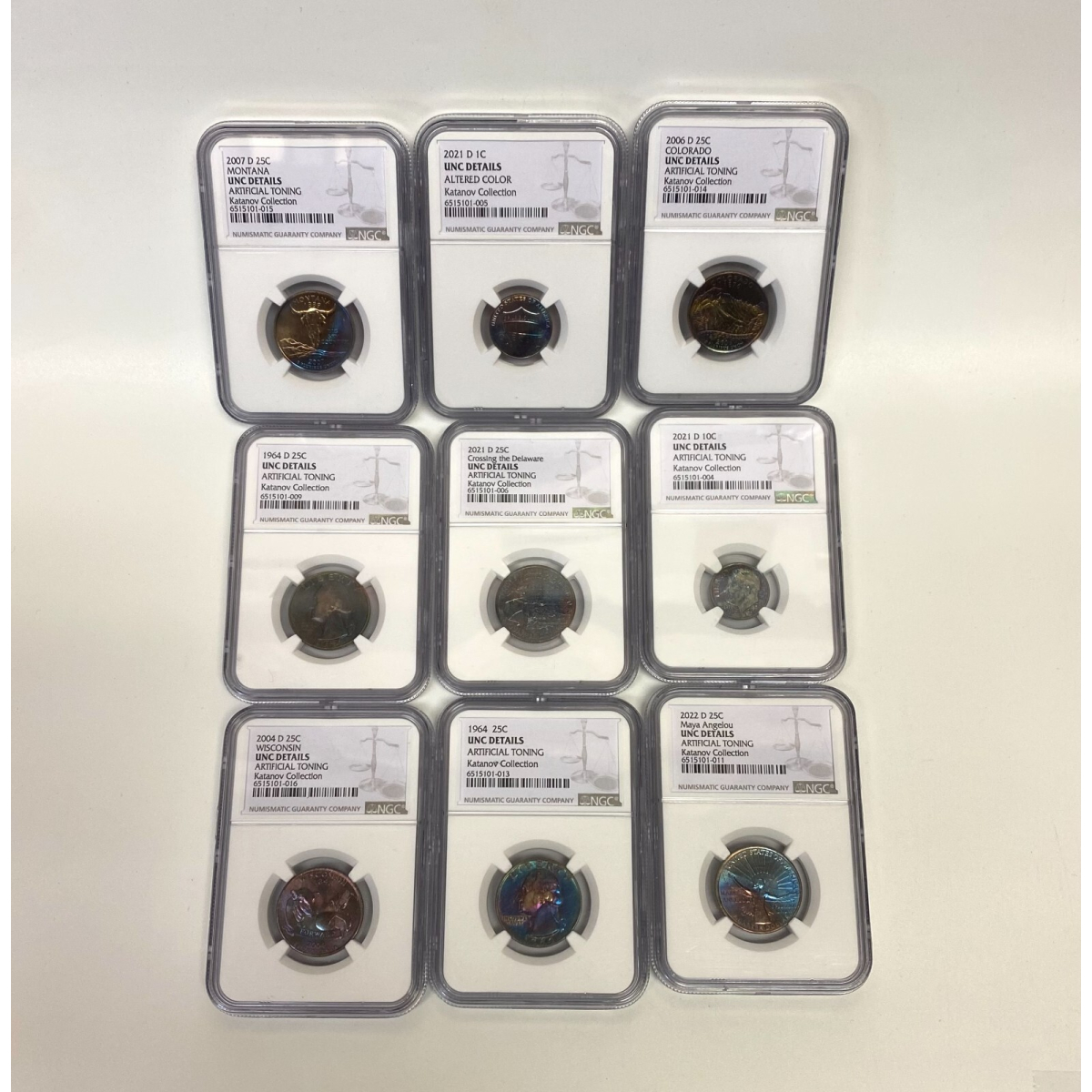 NGC UNC Details–8 Coins: Artificial Toning (7×25C, 1×10C), Altered Color (1×1C)