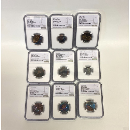 NGC UNC Details–8 Coins: Artificial Toning (7×25C, 1×10C), Altered Color (1×1C)