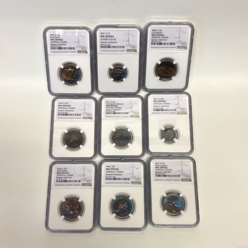 NGC UNC Details–8 Coins: Artificial Toning (7×25C, 1×10C), Altered Color (1×1C) NGC UNC Details–8 Coins: Artificial Toning (7×25C, 1×10C), Altered Color (1×1C)