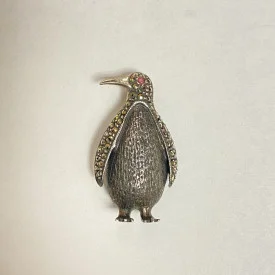 Antique Sterling Silver Marcasite Ferza Engraved Penguin RUBY Red EYE Brooch
