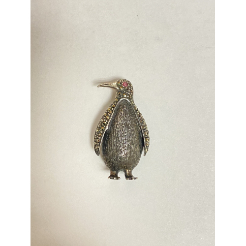 Antique Sterling Silver Marcasite Ferza Engraved Penguin RUBY Red EYE Brooch