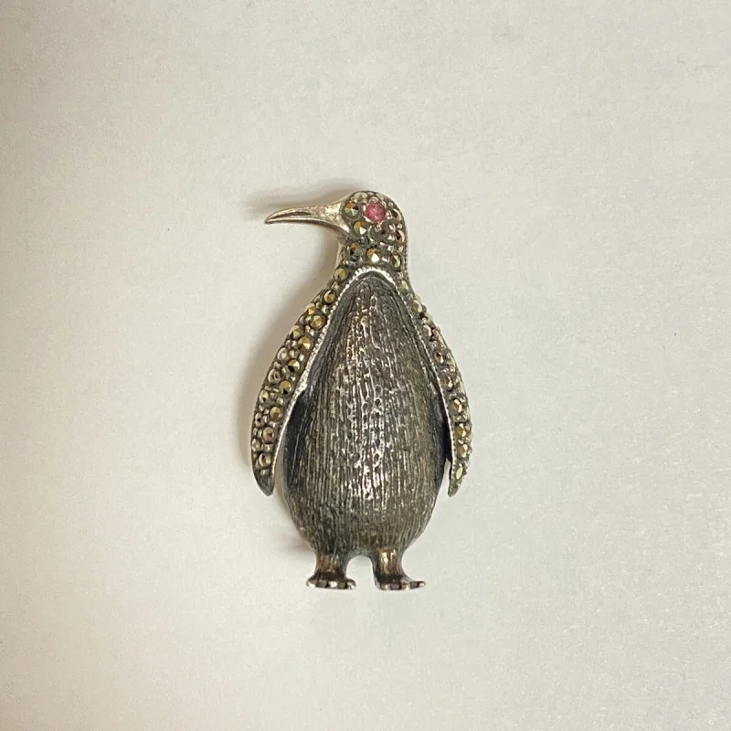 Antique Sterling Silver Marcasite Ferza Engraved Penguin RUBY Red EYE Brooch