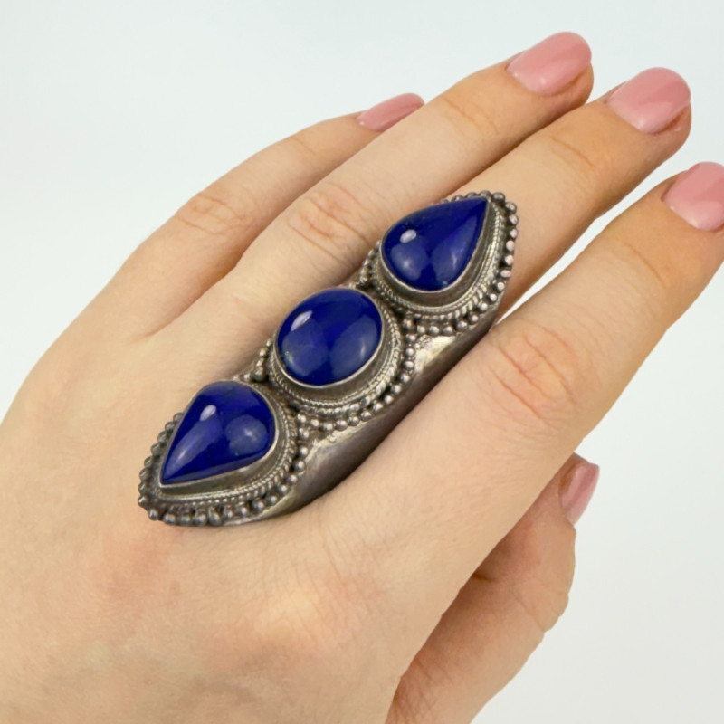 Bohemian Triple Stone Lapis Lazuli Elongated Massive Ring Sterling Silver Sz 10