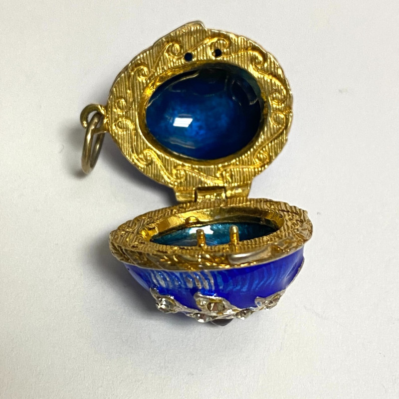 Small Antique Enamel Sterling Silver Opening Egg Pendant with Ruby