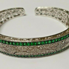 925 Sterling Silver Designed  With Green Emerald & Diamond W Open Clasp Bracelet