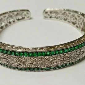 925 Sterling Silver Designed  With Green Emerald & Diamond W Open Clasp Bracelet