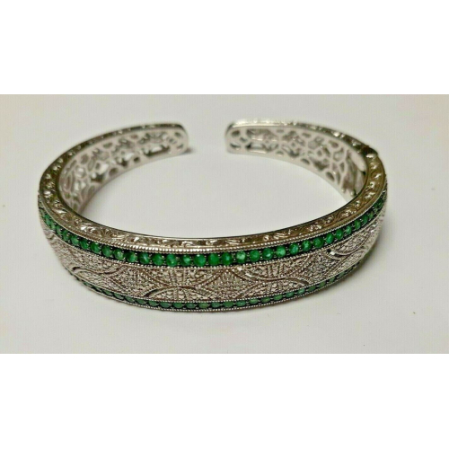 925 Sterling Silver Designed With Green Emerald & Diamond W Open Clasp Bracelet 925 Sterling Silver Designed With Green Emerald & Diamond W Open Clasp Bracelet