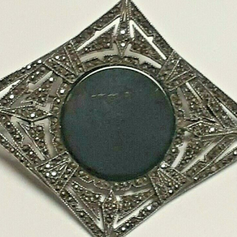 Vintage Sterling  Marcasite Black Centered  Stone  Diamond Shaped Brooch Pin