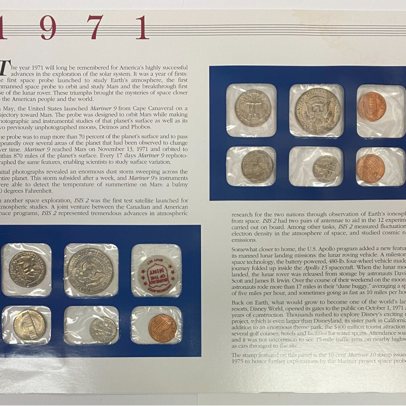 1971 Uncirculated Mint Set Postal Commemorative Society Coins & Stamp Panel