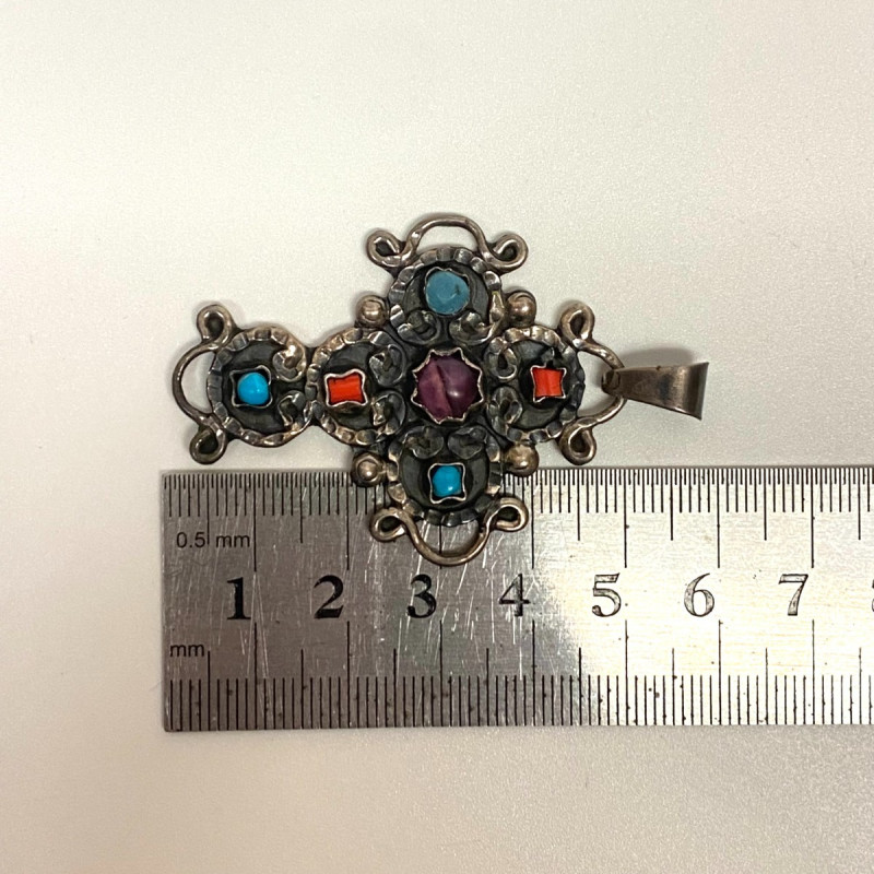 Mexico 825 Silver Amethyst Coral & Turquoise Pendant
