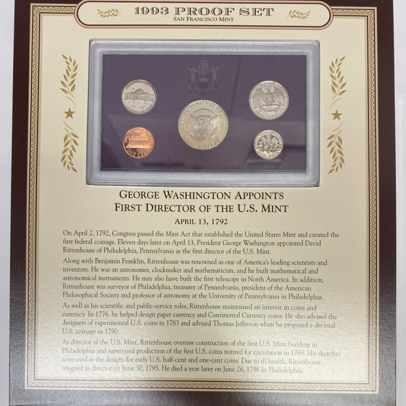 1993 Proof Set San Francisco Mint With 5 cent George Washington Stamp Display
