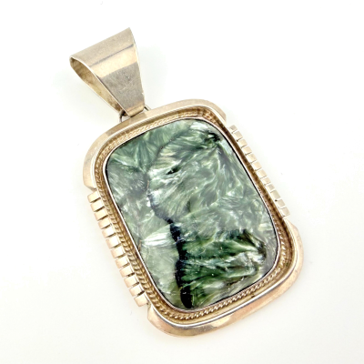 Large Sterling Silver Seraphinite Pendant - Handcrafted with Feathery Pattern