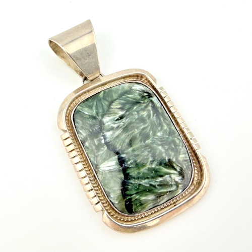 Large Sterling Silver Seraphinite Pendant - Handcrafted with Feathery Pattern