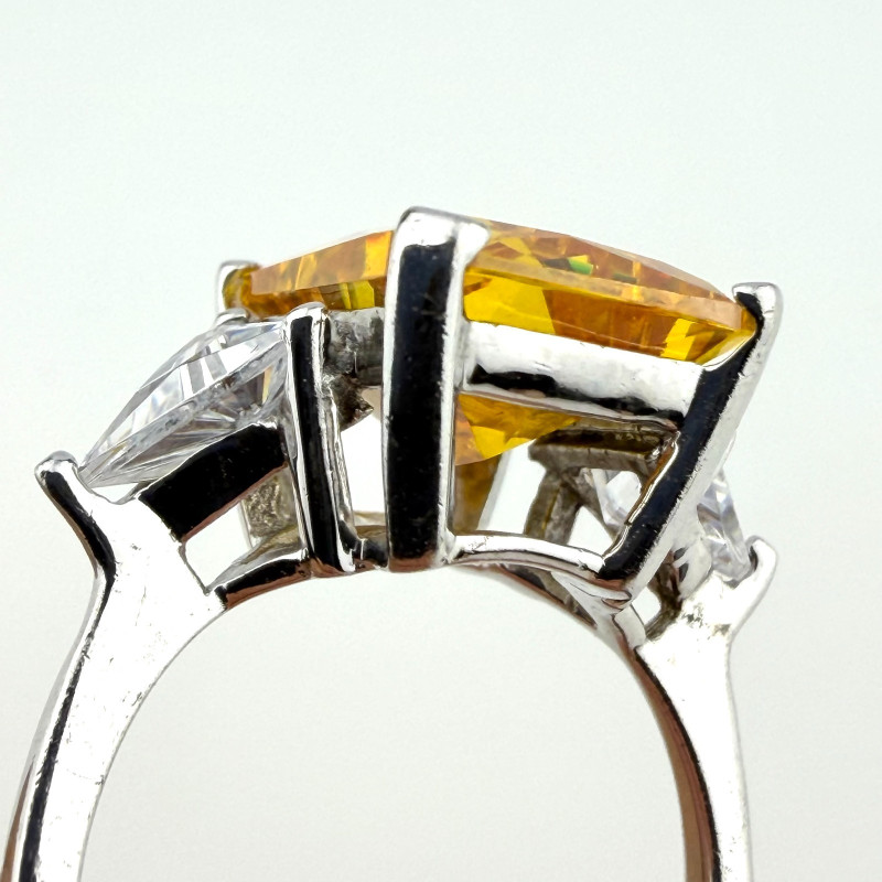 925 Silver Yellow CZ Stone Ring Emerald Cut Center Trillion Sides Sz 7