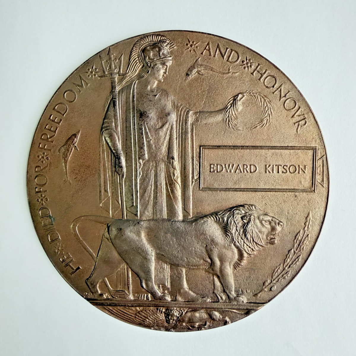 WW1 British Memorial Plaque "Dead Man's Penny" Edward Kitson - Named Bronze