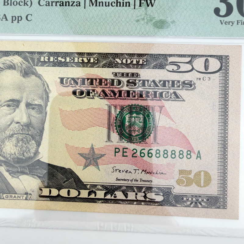 2017A $50 FRN Fr. 2133-E PEA Block PE266 88888A PMG 30 EPQ Fancy Number