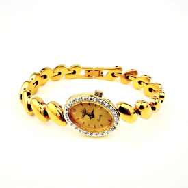 Longines Quartz Women's Watch Gold Tone Oval Diamond Bezel Bracelet BT 9815