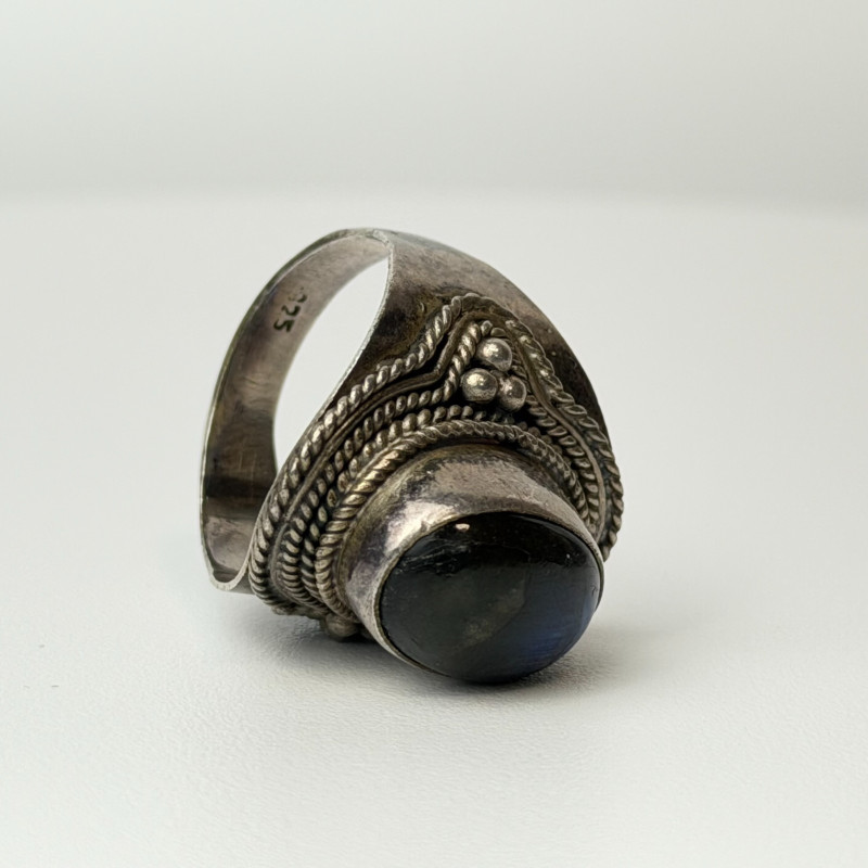 Vintage Bohemian Sterling Silver Natural Black Opal Ring Size 8.5