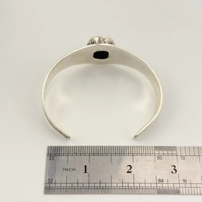 Vintage 925 Sterling Silver Filigree Cuff Bracelet Natural Blue Gray Gemstone