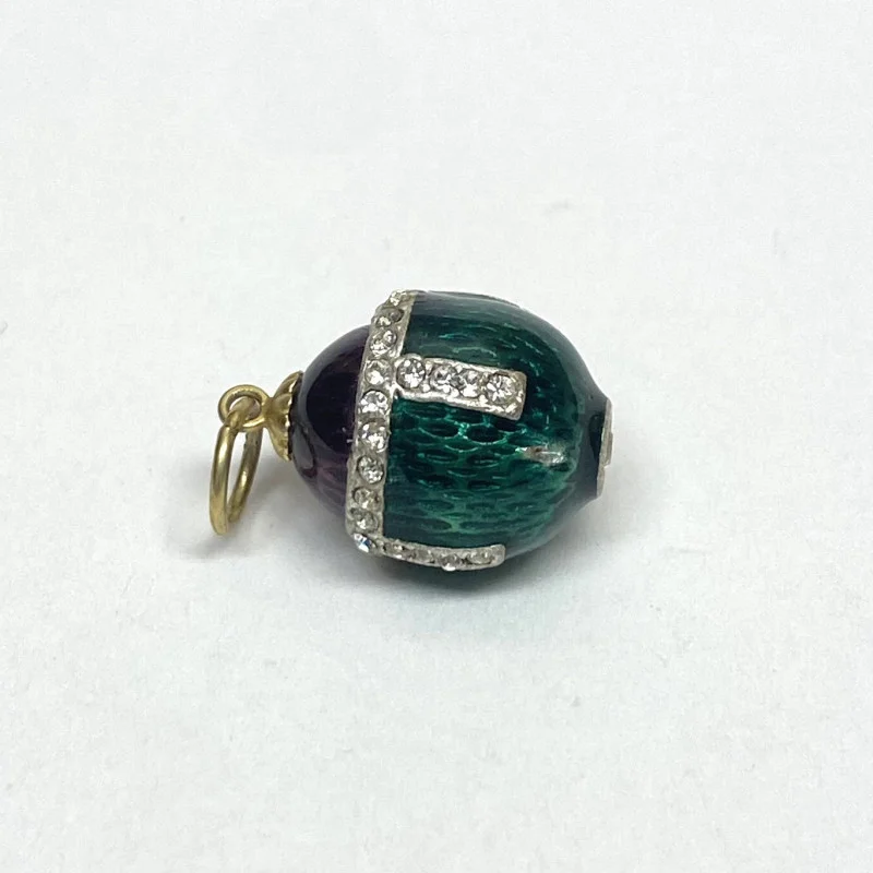 Antique Sterling Silver Green/Plum Colored Diamond Studded Enamel Egg