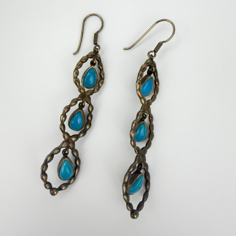 Vintage Boho Natural Turquoise Sterling Silver Dangle Earrings With Yellow Hue