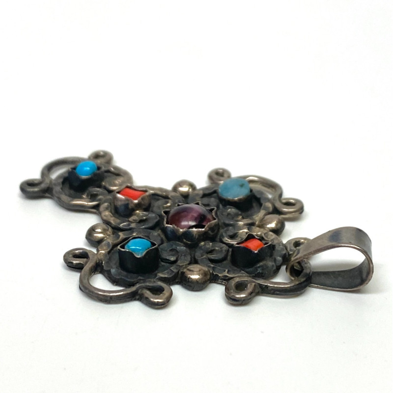 Mexico 825 Silver Amethyst Coral & Turquoise Pendant
