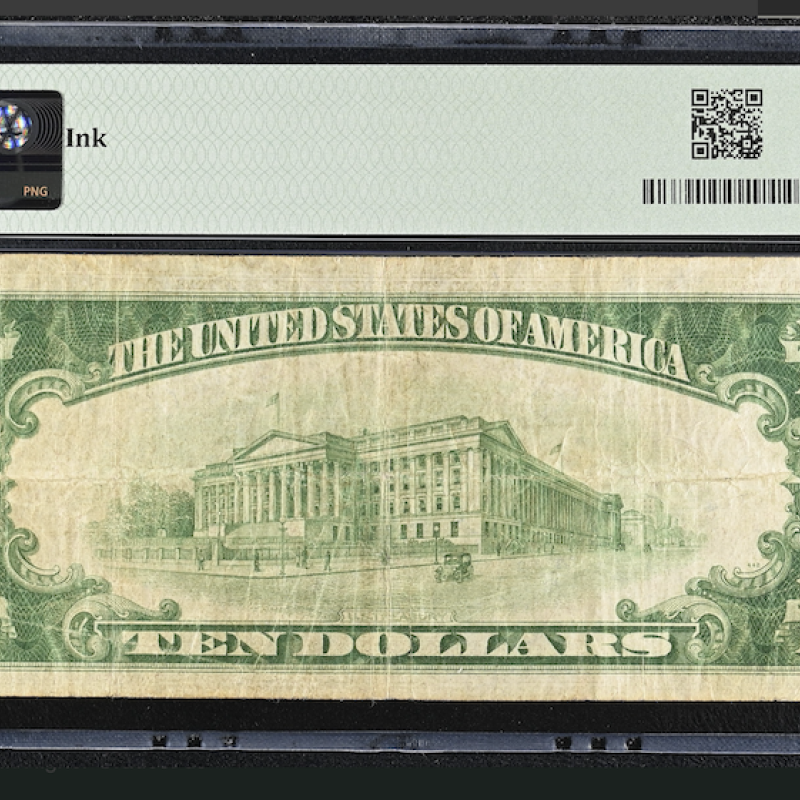 1934 $10 Federal Reserve Note Green Seal, Serial A36152983A Boston A, PMG 25 VF