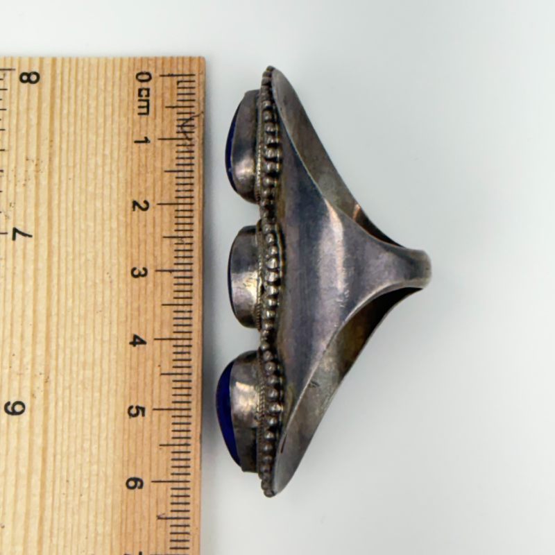 Bohemian Triple Stone Lapis Lazuli Elongated Massive Ring Sterling Silver Sz 10