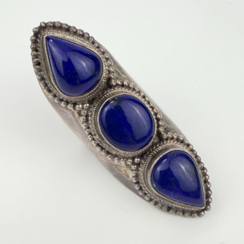 Bohemian Triple Stone Lapis Lazuli Elongated Massive Ring Sterling Silver Sz 10