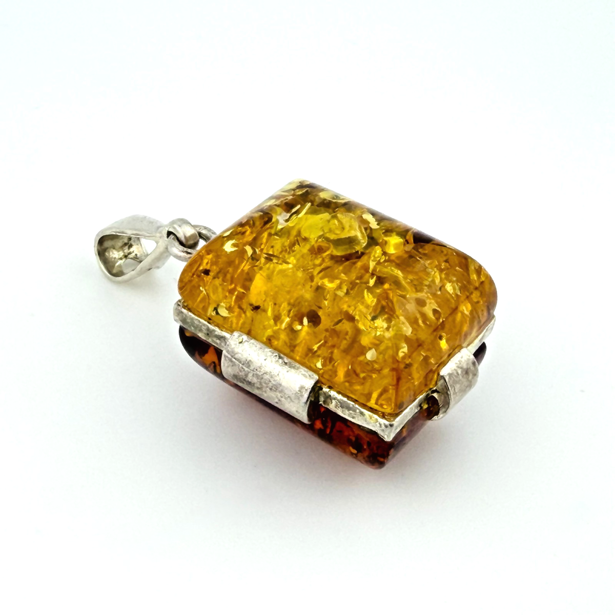Vintage Sterling Silver Amber Pendant - Two Tone Square Cabochon - Unbranded