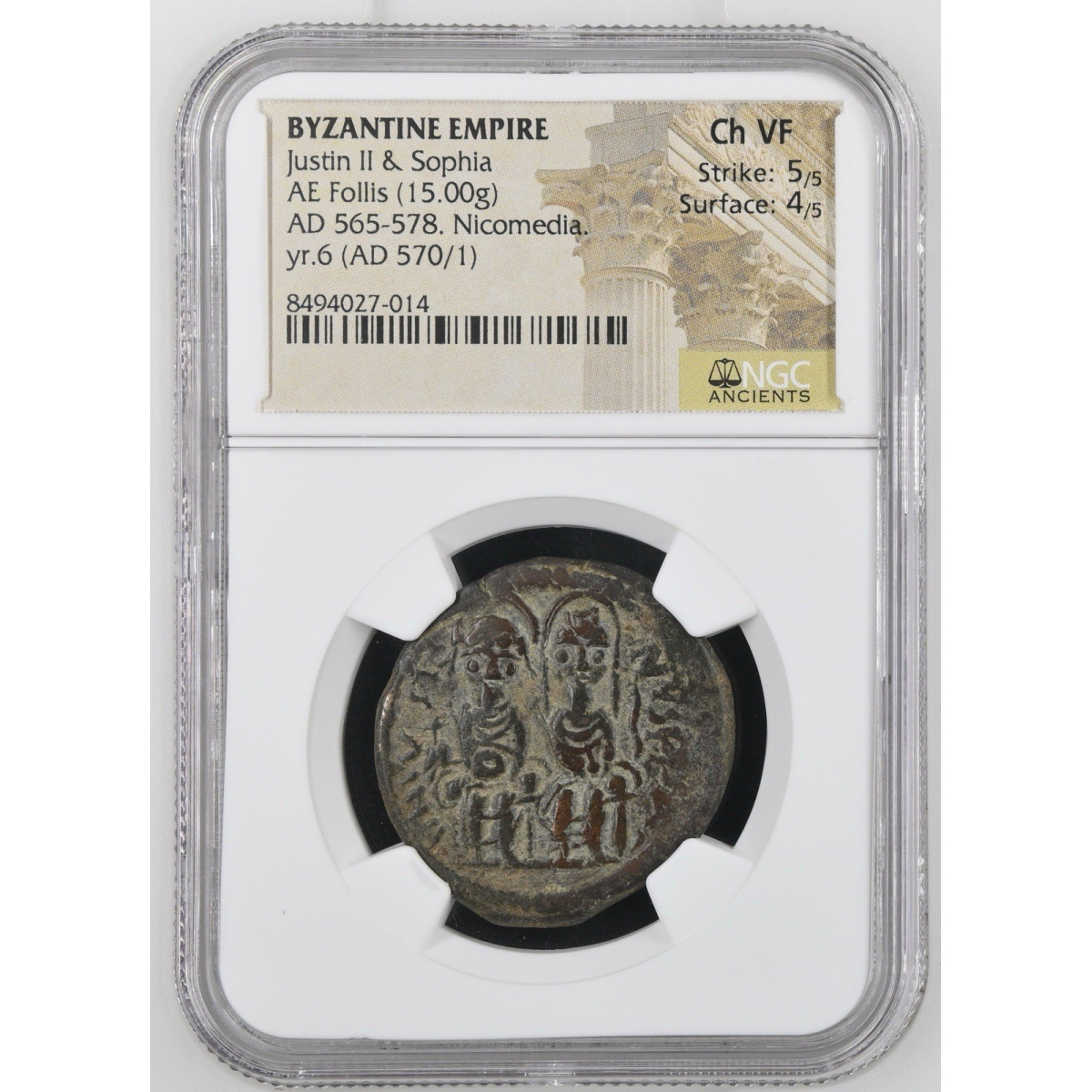 BYZANTINE EMPIRE Justin II & Sophia AE Follis 570/1 Nicomedia NGC Ch VF