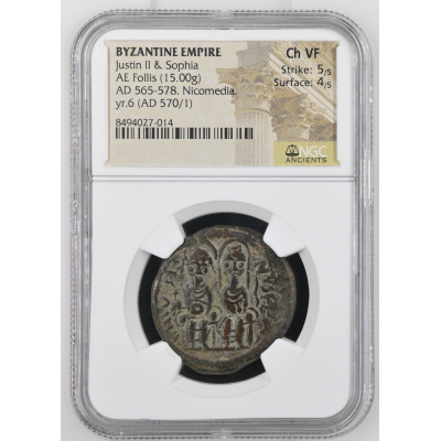 BYZANTINE EMPIRE Justin II & Sophia AE Follis 570/1 Nicomedia NGC Ch VF.#004 BYZANTINE EMPIRE Justin II & Sophia AE Follis 570/1 Nicomedia NGC Ch VF.#004