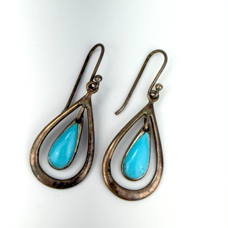 Vintage Sign Sterling SK Thailand Modern Teardrop Turquoise Drop Dangle Earrings