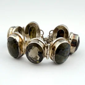 Sterling Silver 925 Large Smokey Quartz and Labradorite Gemstone Bracelet