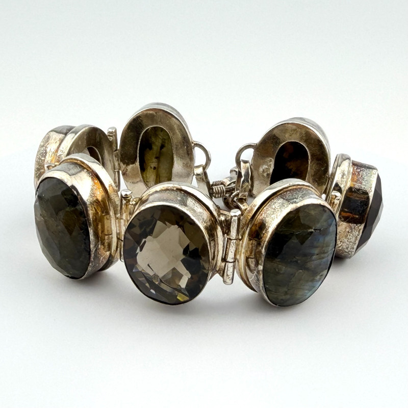 Sterling Silver 925 Large Smokey Quartz and Labradorite Gemstone Bracelet