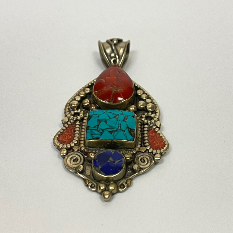 Old Brass Multicolor Stones Inserts Unique Pendant