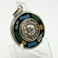 Vintage Sterling Silver Sun Moon Aztec Calendar Reversible Mosaic Inlay Pendant Vintage Sterling Silver Sun Moon Aztec Calendar Reversible Mosaic Inlay Pendant