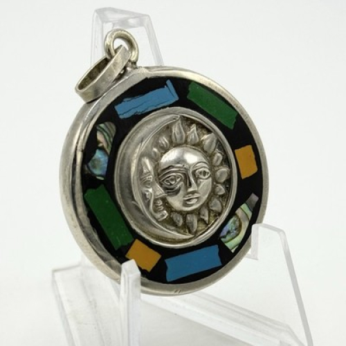 Vintage Sterling Silver Sun Moon Aztec Calendar Reversible Mosaic Inlay Pendant Vintage Sterling Silver Sun Moon Aztec Calendar Reversible Mosaic Inlay Pendant