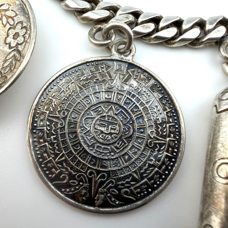 Vintage Sterling Silver Castelan Mexico Charm Link Southwestern Bracelet, 7”