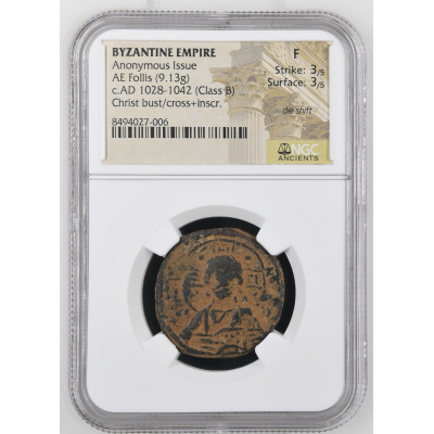 Byzantine Empire Anonymous AE Follis Class B 1028-1042 Christ NGC F 3/5 3/5 #004 Byzantine Empire Anonymous AE Follis Class B 1028-1042 Christ NGC F 3/5 3/5 #004