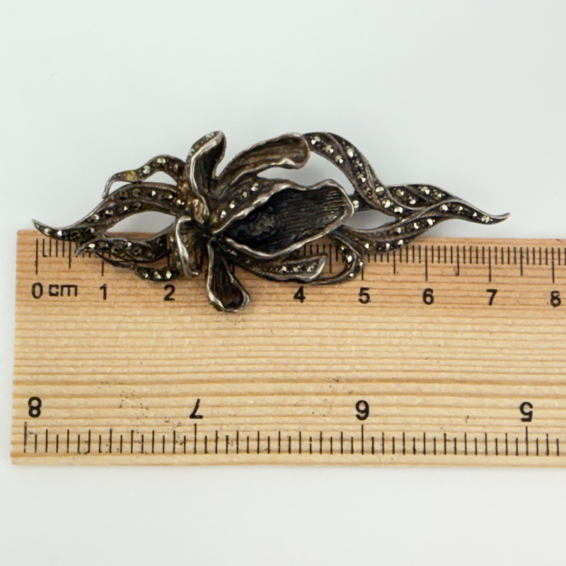 Unique Vintage Sterling Silver and Marcasite Gladiolus Flower Pin Brooch