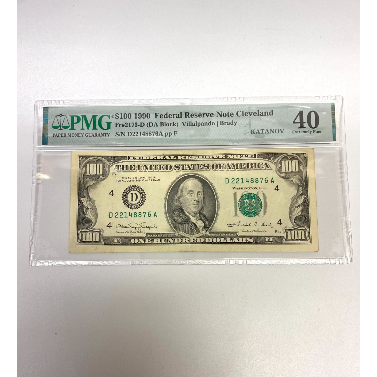 Fr 2173-D (DA Block) 1990 $100 FRN Cleveland PMG 40 Pinholes