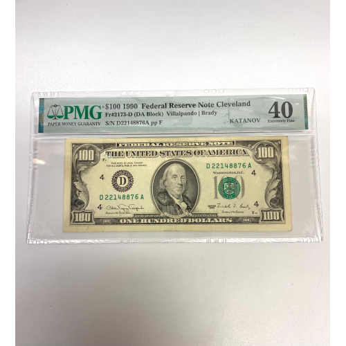 Fr 2173-D (DA Block) 1990 $100 FRN Cleveland PMG 40 Pinholes