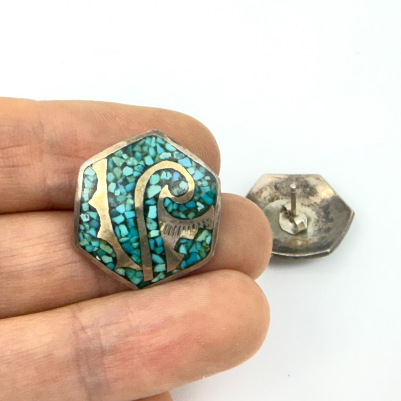 Unique Native American Style Mosaic Turquoise Hexagonal Stud Earrings Silver