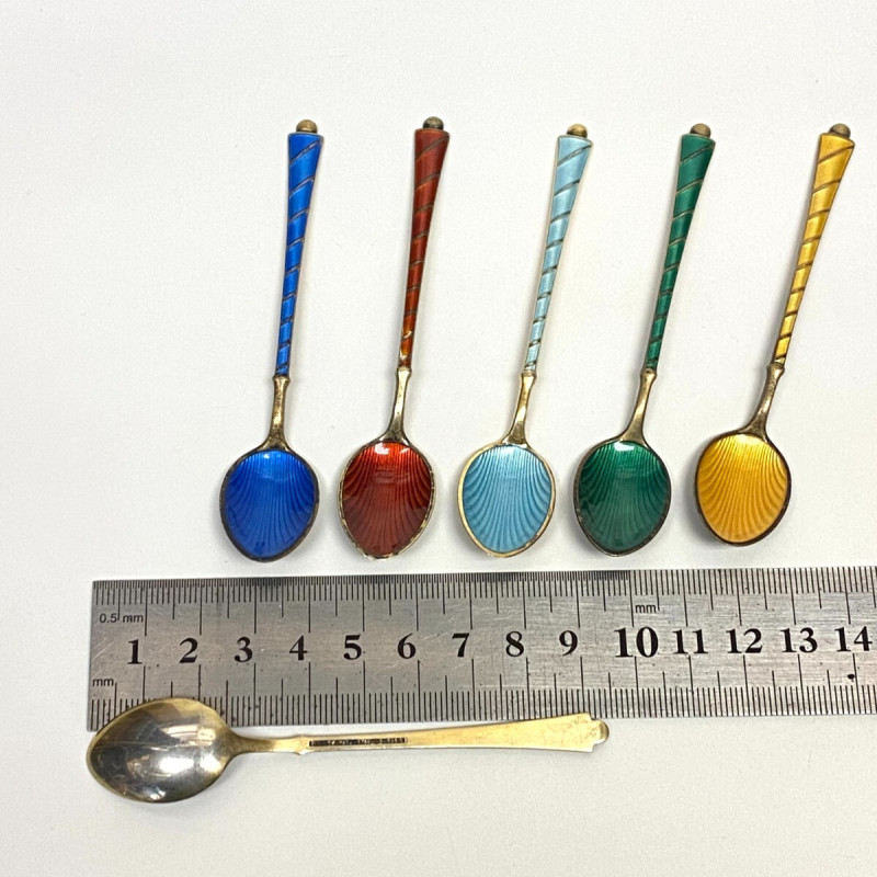 6 Demitasse Spoon Set Enamel Gilt Sterling Silver Ela Denmark