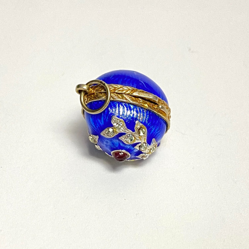 Small Antique Enamel Sterling Silver Opening Egg Pendant with Ruby