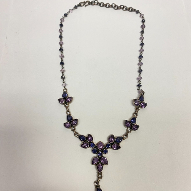 925 Sterling Silver Amethyst and Sapphires Drop Necklace - India 925 Sterling Silver Amethyst and Sapphires Drop Necklace - India