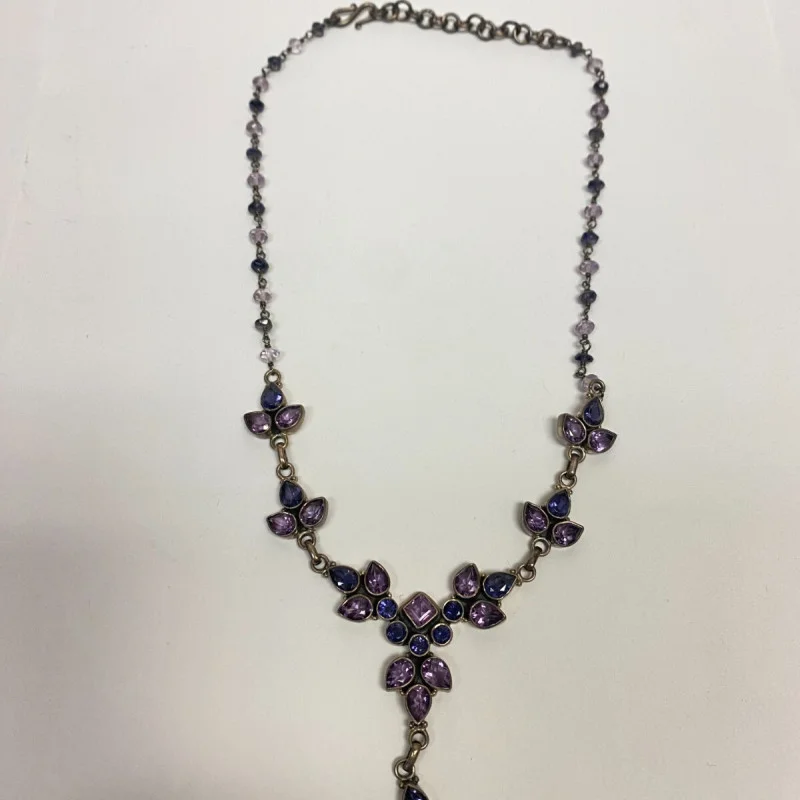 925 Sterling Silver Amethyst and Sapphires Drop Necklace - India