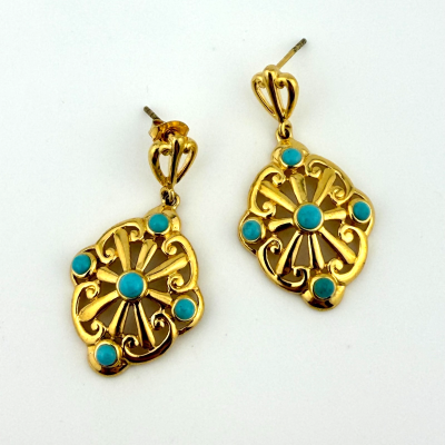 Sally C Treasures 925 Sterling Silver Vermeil Turquoise Ornate Dangle Earrings