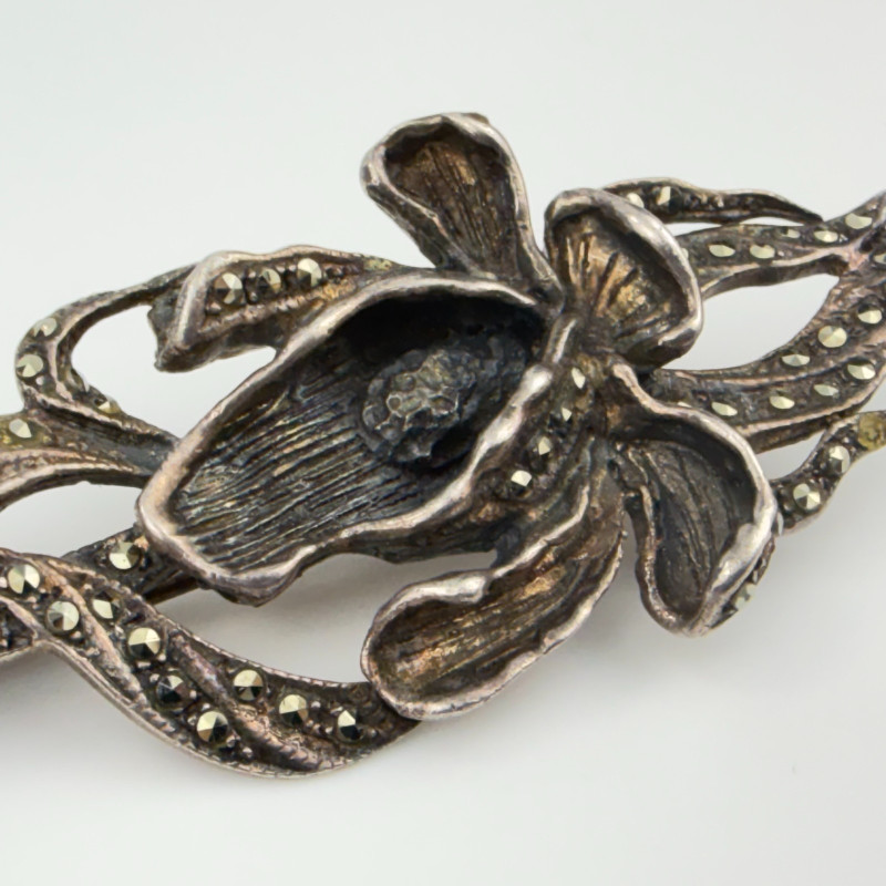 Unique Vintage Sterling Silver and Marcasite Gladiolus Flower Pin Brooch
